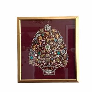 Exquisite vintage costume jewelry Christmas tree on burgundy velvet fram…